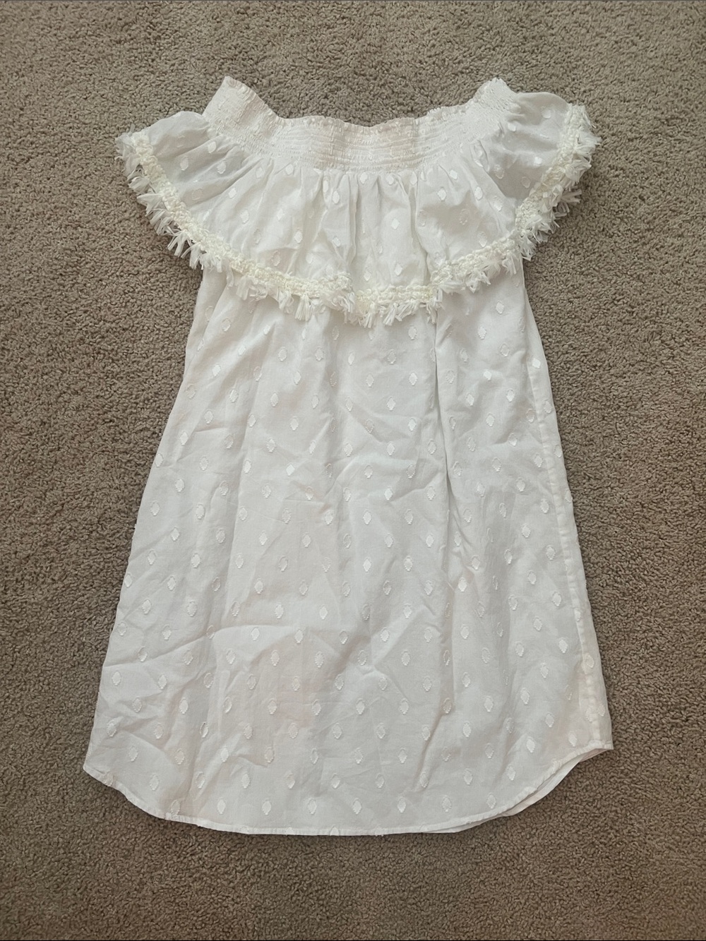 Buckley K White Off-Shoulder Eyelet Dress with Fringe Ruffle